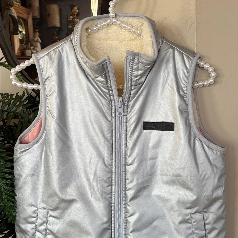 Buffalo David Bitton Reversible Zip Up Vest Silver Metallic & Pink Cream Sherpa